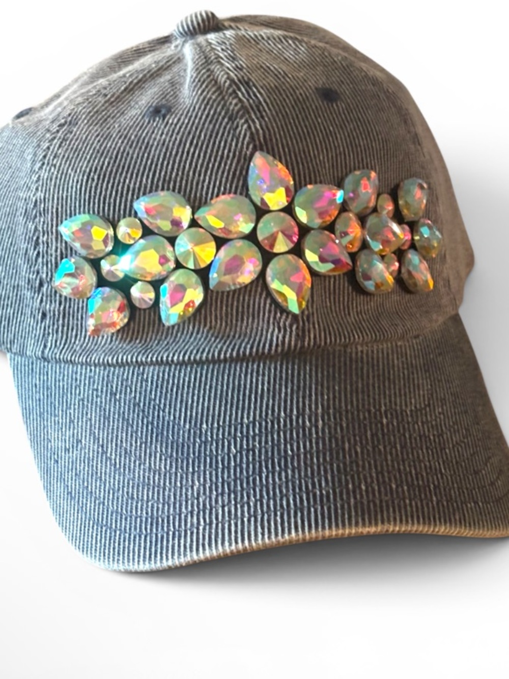 Denim Corduroy Hat with Embellished AB Rhinestone Appliqué
